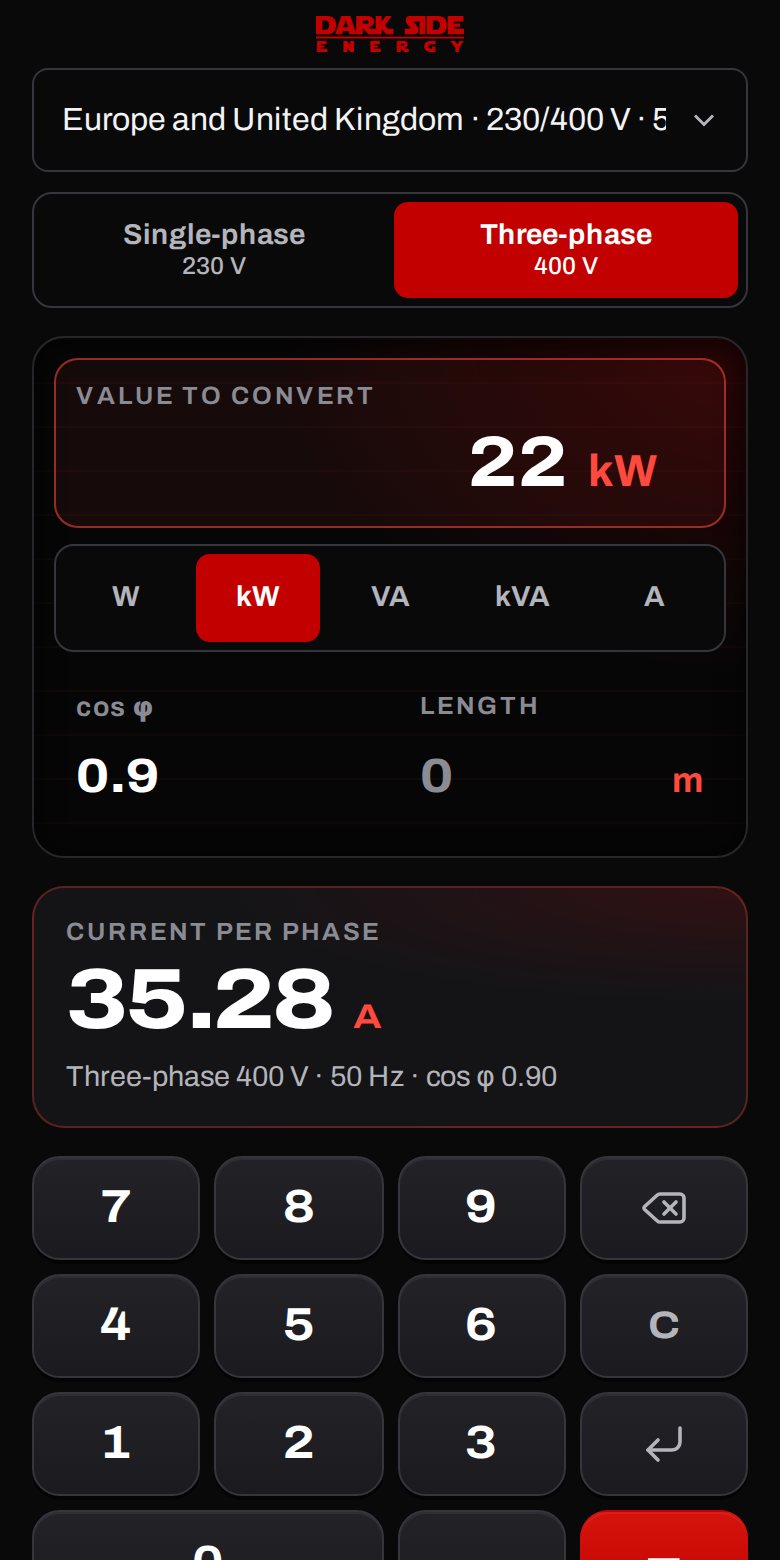 The Dark Side Energy calculator open as an app on a phone: 22 kW in three-phase 400 V gives 35.28 A per phase, with the keypad