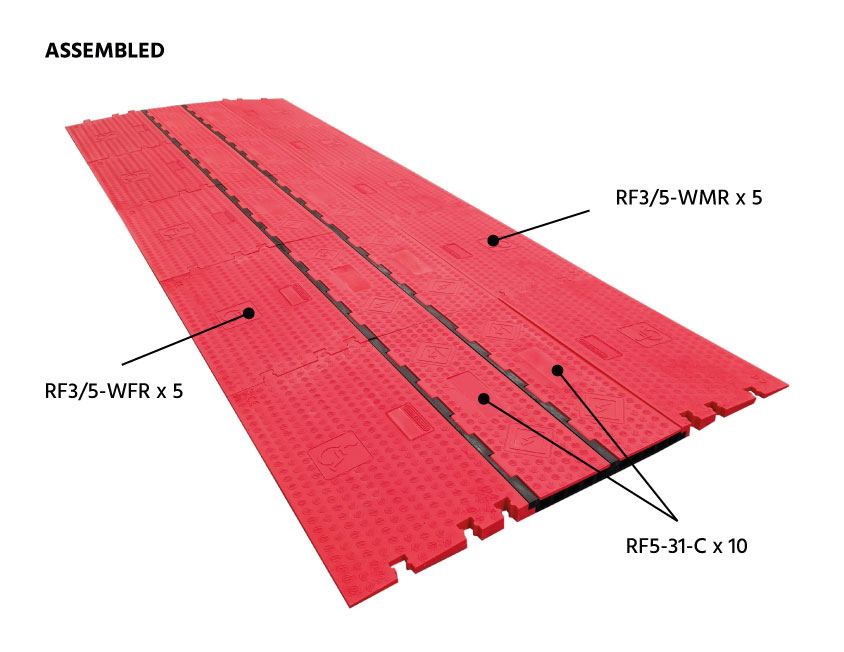 Assembly diagram of Modulo cable protectors: side ramps and interlocking centre sections